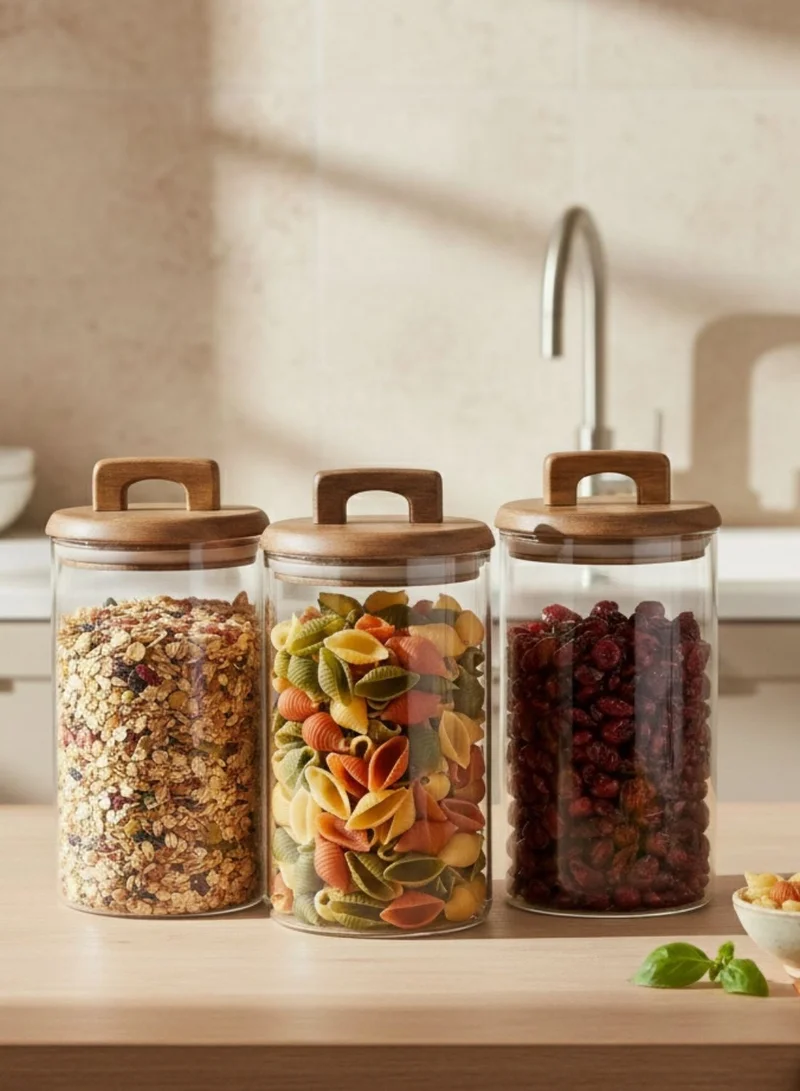 1Chase 1000ml Borosilicate Glass Food Storage Jar With Acacia Wood Air Tight Lid, Handmade Glass Canister For Kitchen Pantry Organizer, For Storing Pasta, Nuts, Coffee, Snacks, Set Of 3 (1000 ML)  | Best Price UAE